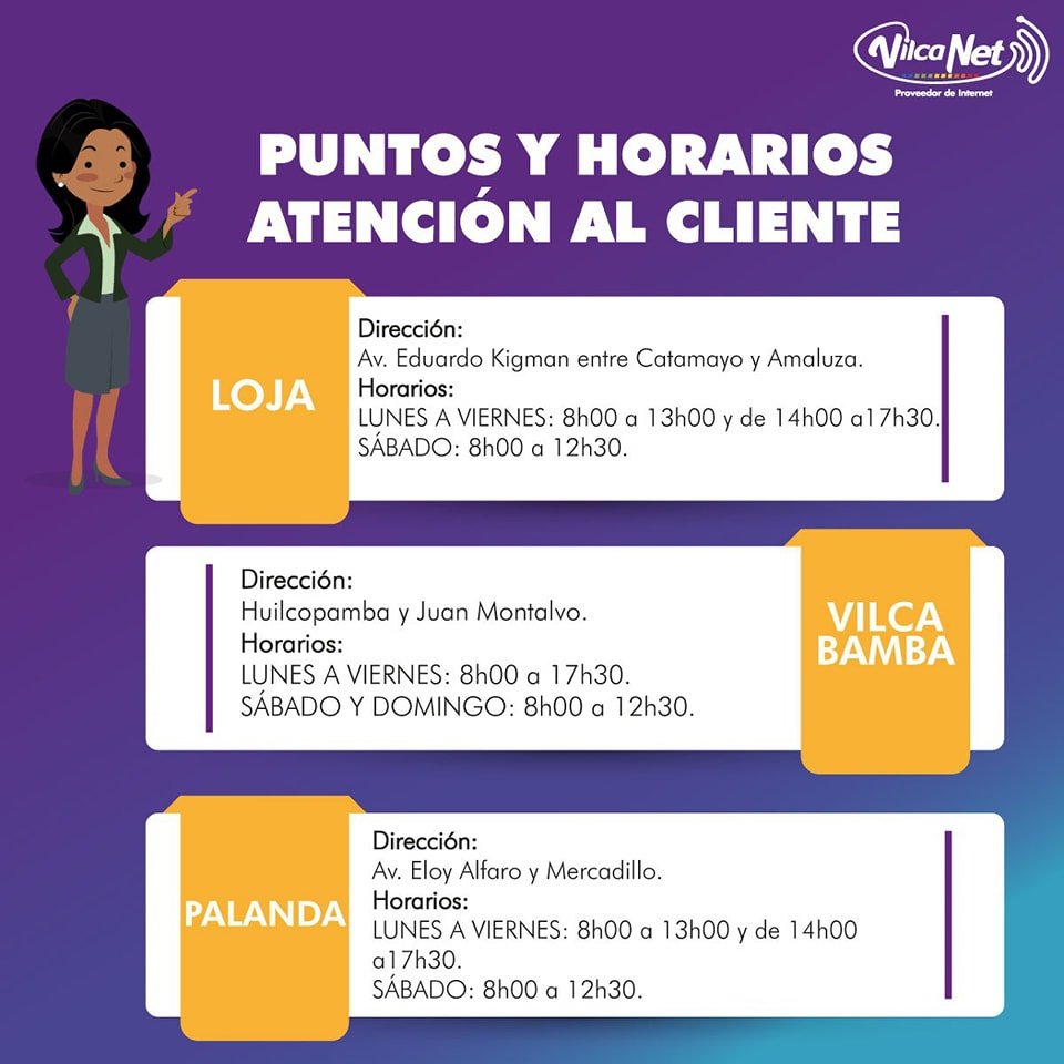 Direcciones y horarios de atención de las oficinas de Loja, Palanda y Vilcabamba de VilcaNet