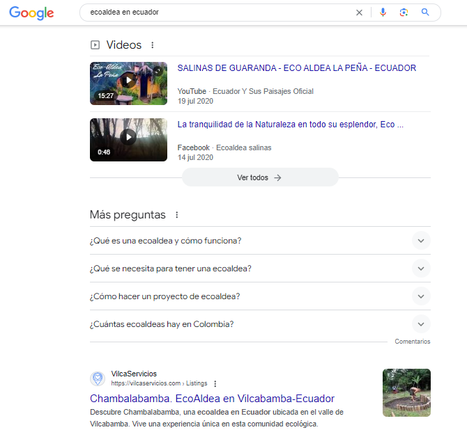 Ejemplo de Google optimizacion SEO en VilcaServicios