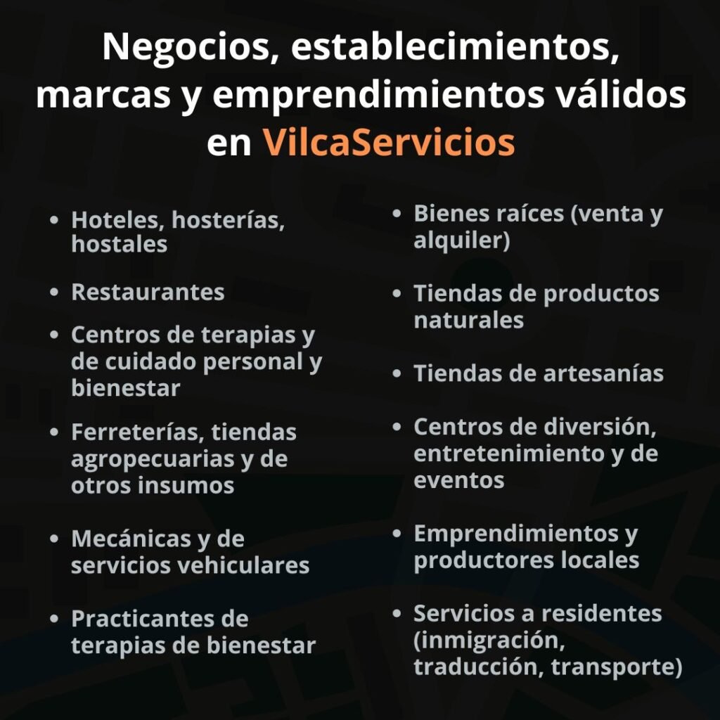 Listado de negocios, establecimientos, marcas y emprendimientos que aplican para la plataforma VilcaServicios. Vilcabamba - Ecuador